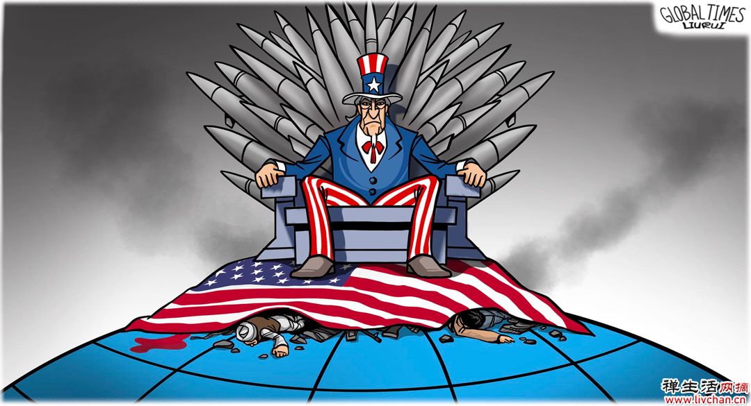 ▲ 美国才是那个妄图坐稳世界“铁王座”，打着民主旗号肆意干涉别国内政、任意施加单边制裁、到处发动军事侵略的国家。（漫画 ｜ 刘蕊）